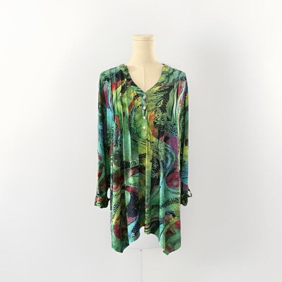 Cocomo Y2K Paisley Blouse 1X Plus Boho Roll Tab Green Stretchy Pleated Abstract - Picture 1 of 11